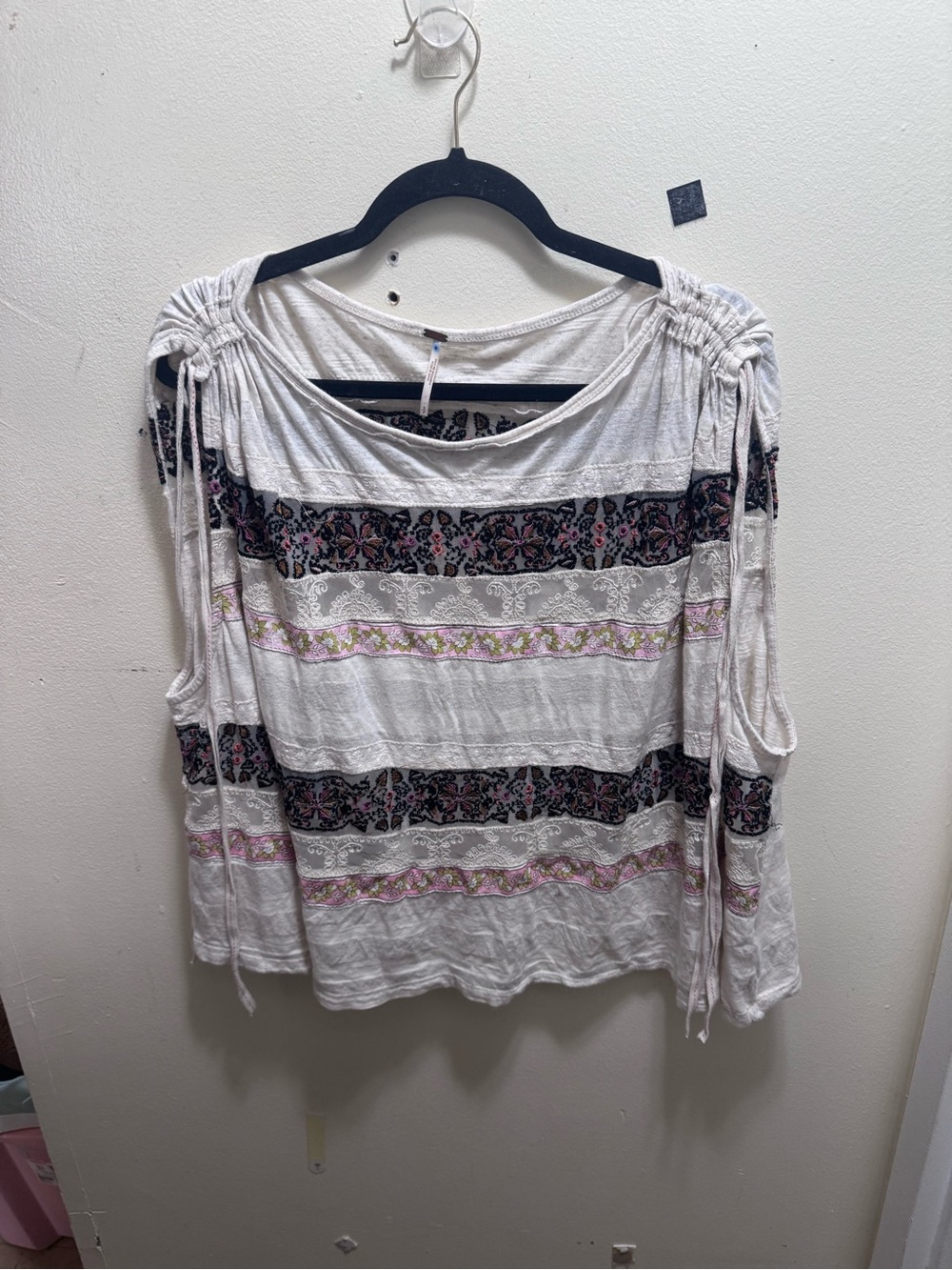 Free People White Cold-Shoulder Boho Tunic with Pink and navy Stripes size small
